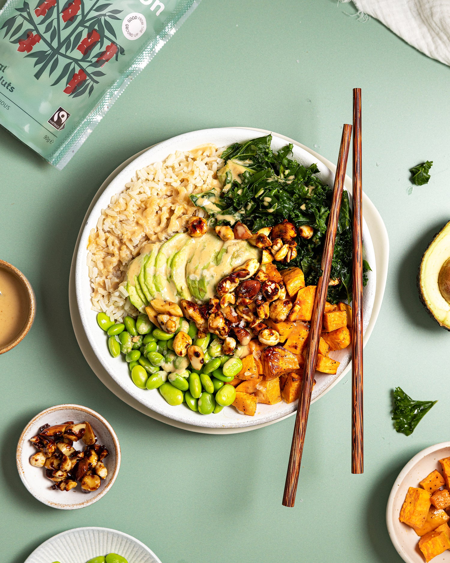 Buddha Bowl with Tamari Natural Mixed Nuts, chopsticks and the ingredients